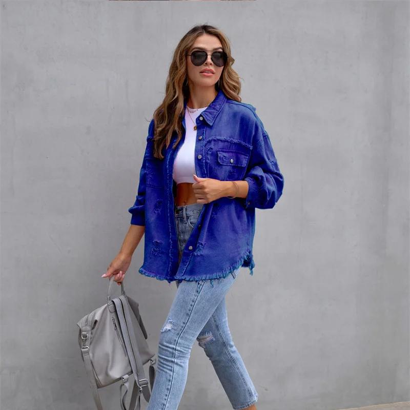 VAYLA Holes Raw-edges Denim Jacket Women Spring Autumn Shirt Style Jeancoat Casual Top Rose-Red Orange Purple Outerwear Lady Coat