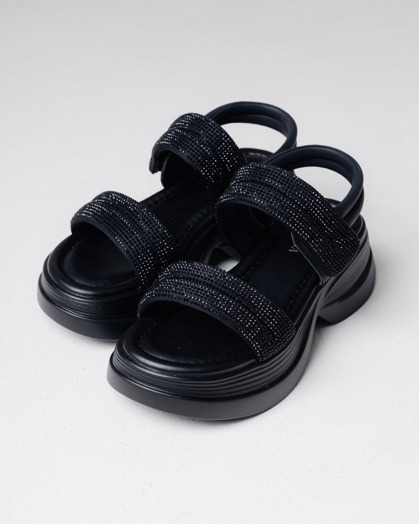 SUNY LIANA 1511 36 Black Leather Textile Sandals with Rhinestones
