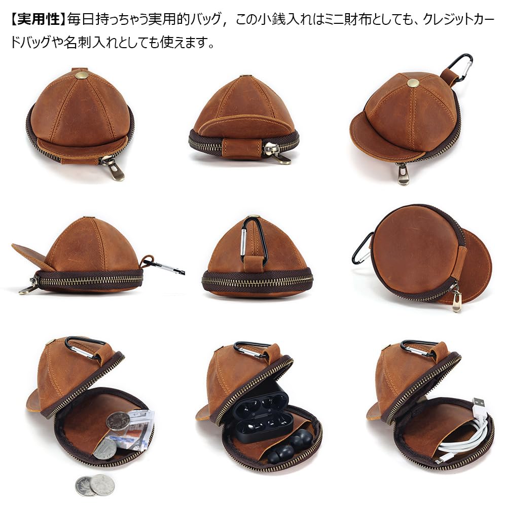 Whatna Natural Thick Cowhide Leather Coin Purse Coin Case Mini Sacoche Carabiner Pouch Belt Loop Mini Wallet Small Wallet Billfold Card Case Earphone