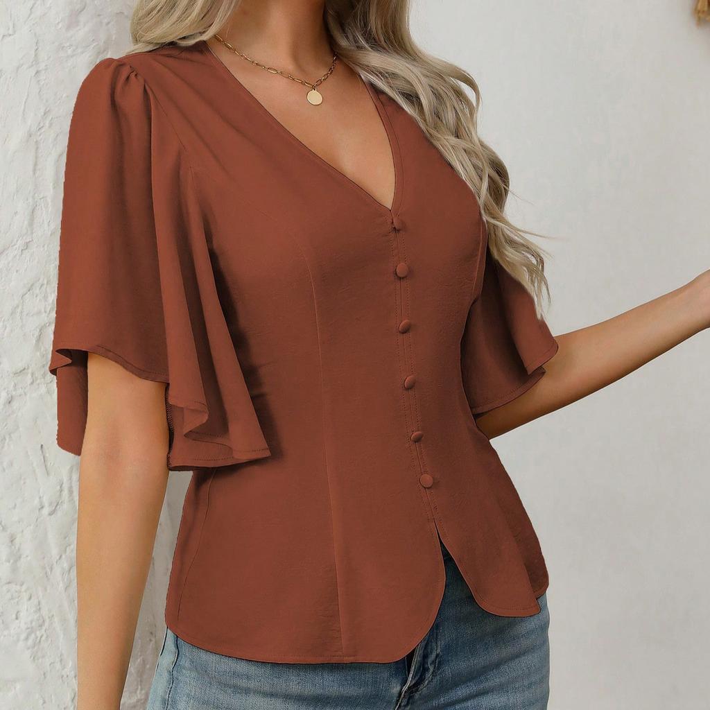 Fashionable and Elegant Deep V-neck Solid-color Single-button Belted Ladies' Short-sleeved Top