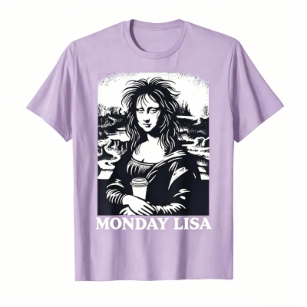 Summer Funny Tired Messy Hair Monday Lisa Print Men's T-Shirts Fashion Street Short-Sleeve Outdoor Casual Tops for Men's and Women's Tees Top