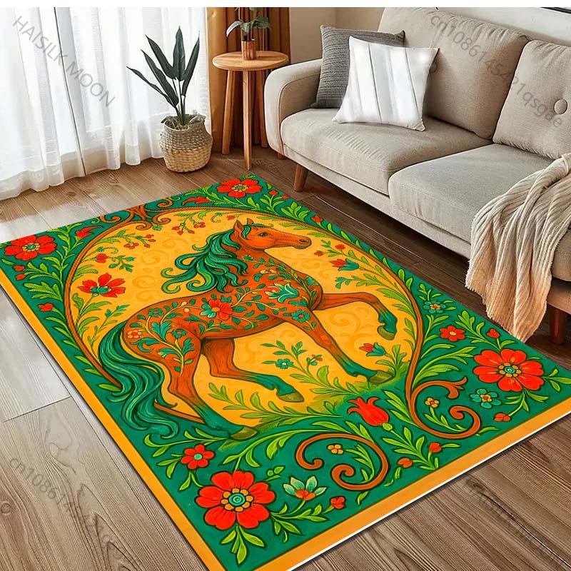 Multiple Sizes Vintage Painting Horse Print Carpet for Bedroom Living Room Bedside Sofa Floor Mat Modern Home Decor Area Rug