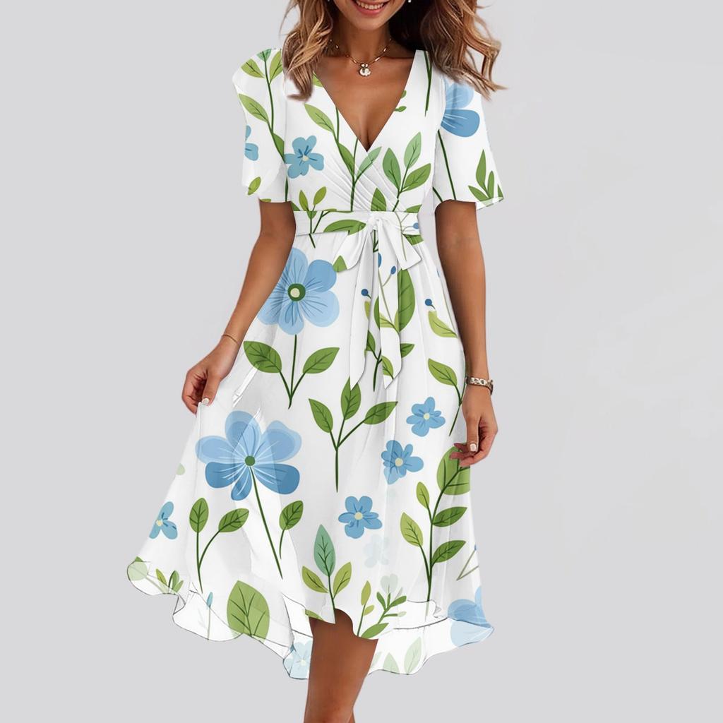 Women's Summer Floral Printed Casual Wrap V Neck Ruffled Hood Short Sleeves Belt A-Line Ruffle Hem Midi Sundress
