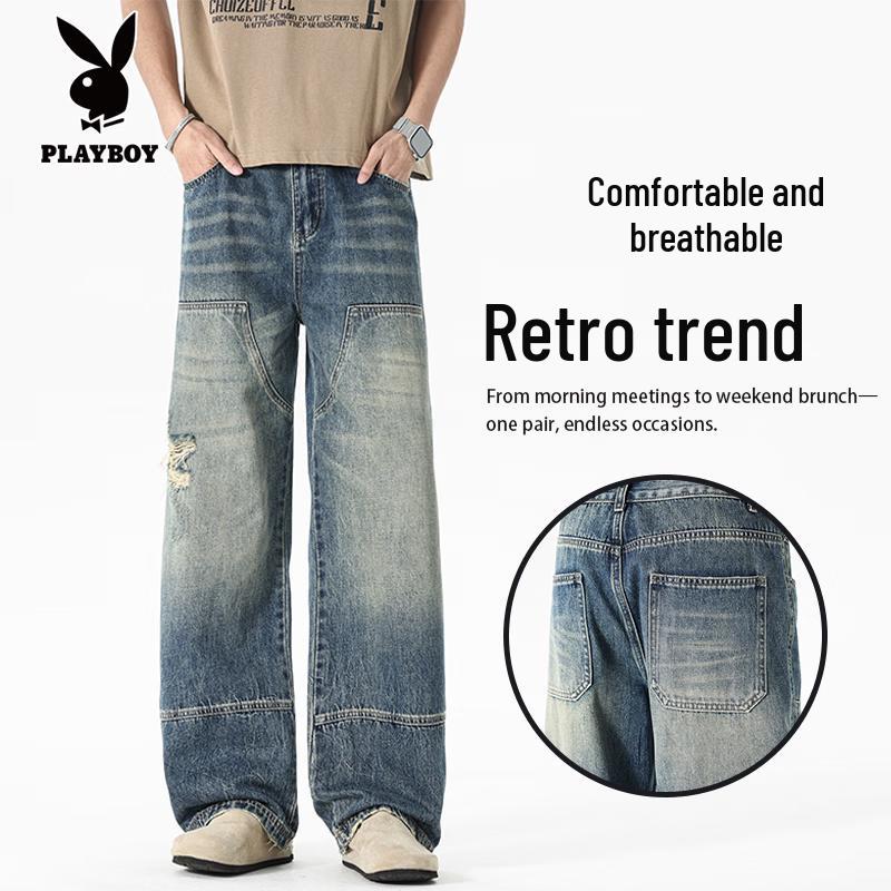 PLAYBOY Men s Korean Vintage Ripped Straight-Leg Jeans 28