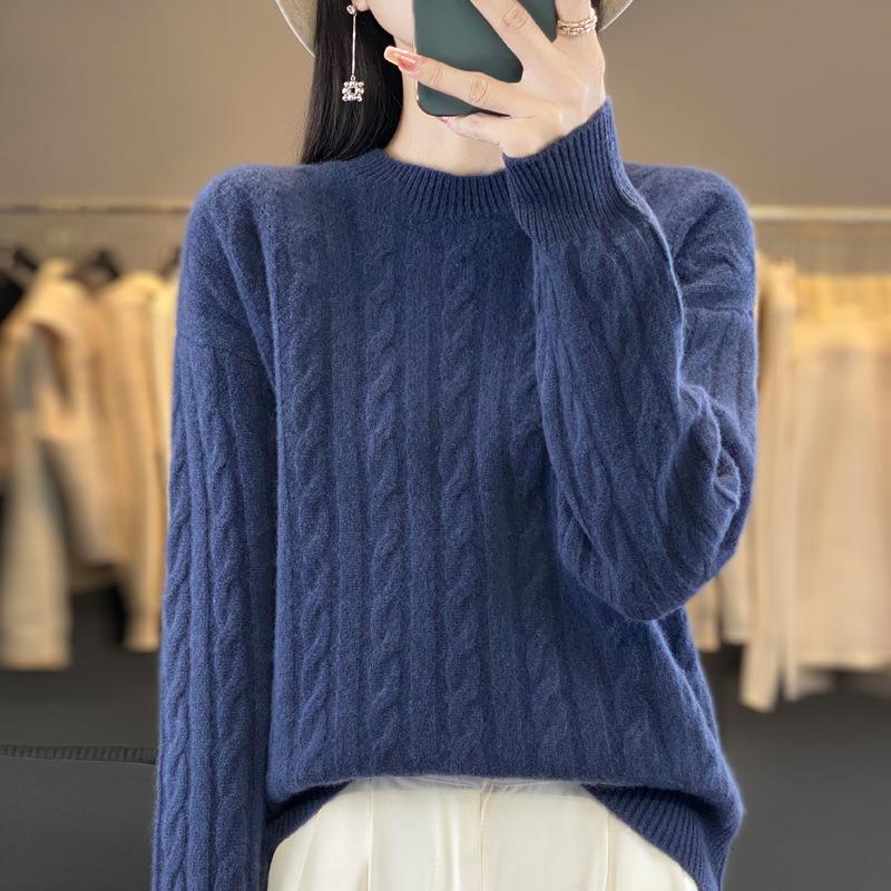 Women's 2024 Autumn/Winter Wool Sweater: Round Neck, Thickened, Solid Color, Korean Style, Cable Knit, Elegant & Versatile Base Layer