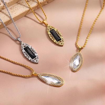 Titanium Steel Geometric Teardrop Rhinestone Pendant Necklace for Women - European & American Light Luxury Jewelry