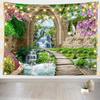 Cherry Blossoms Green Trees River Bridge Nature Tapestry Stone Arch Mountain Waterfall Landscape For Bedroom Living Room Dorm