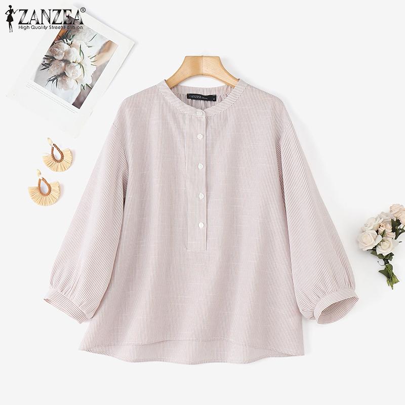 ZANZEA Blouse Décontractée à Col Montant pour Femmes, Manches Longues Amples à Rayures
