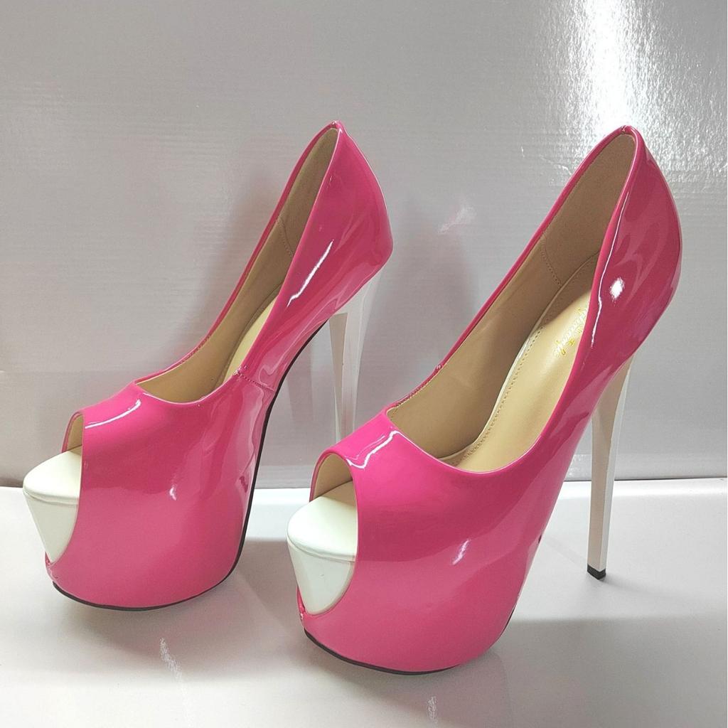 2026 new color matching outer height thin heel 19cm candy color patent leather fish mouth large size women's shoes hate sky high heels