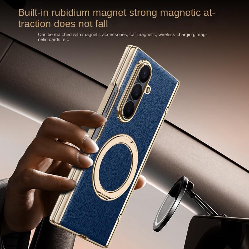For Samsung Galaxy Z Fold 7  Leather 360° Swivel Bracket Magnetic Tempered Glass Front Membrane Anti-Drop Fingerprint Phone Case