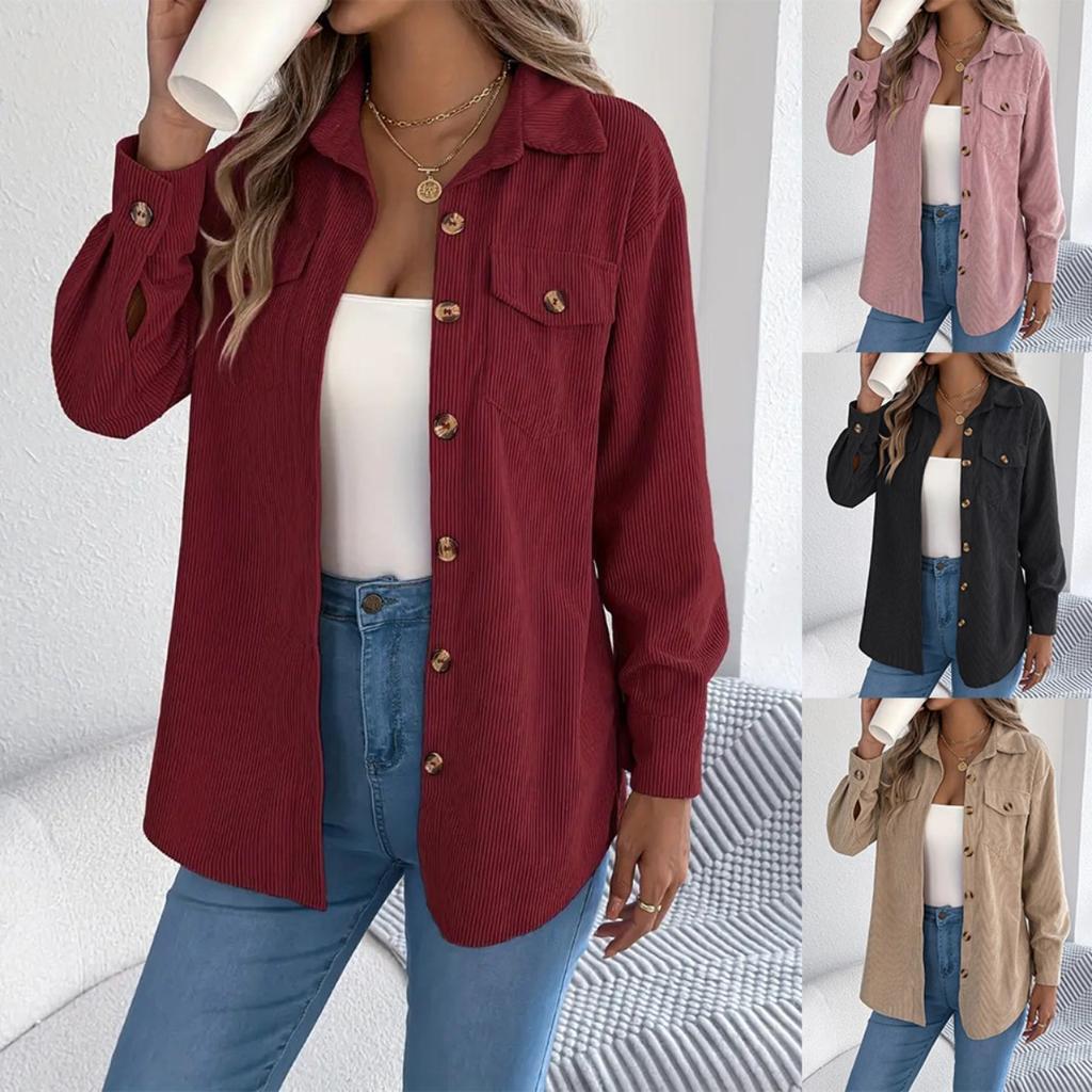 Women's Collar Long Sleeve Loose Solid Corduroy Shirt Casual Pocket Button Down Jacket Blouse