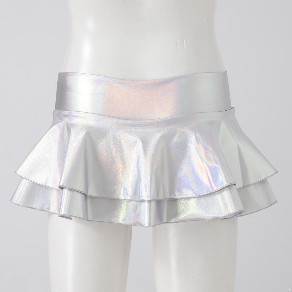 Glänzende Metallic-Low-Rise-Miniröcke für Damen mit Rüschen und Falten, Rave-Party, Clubwear