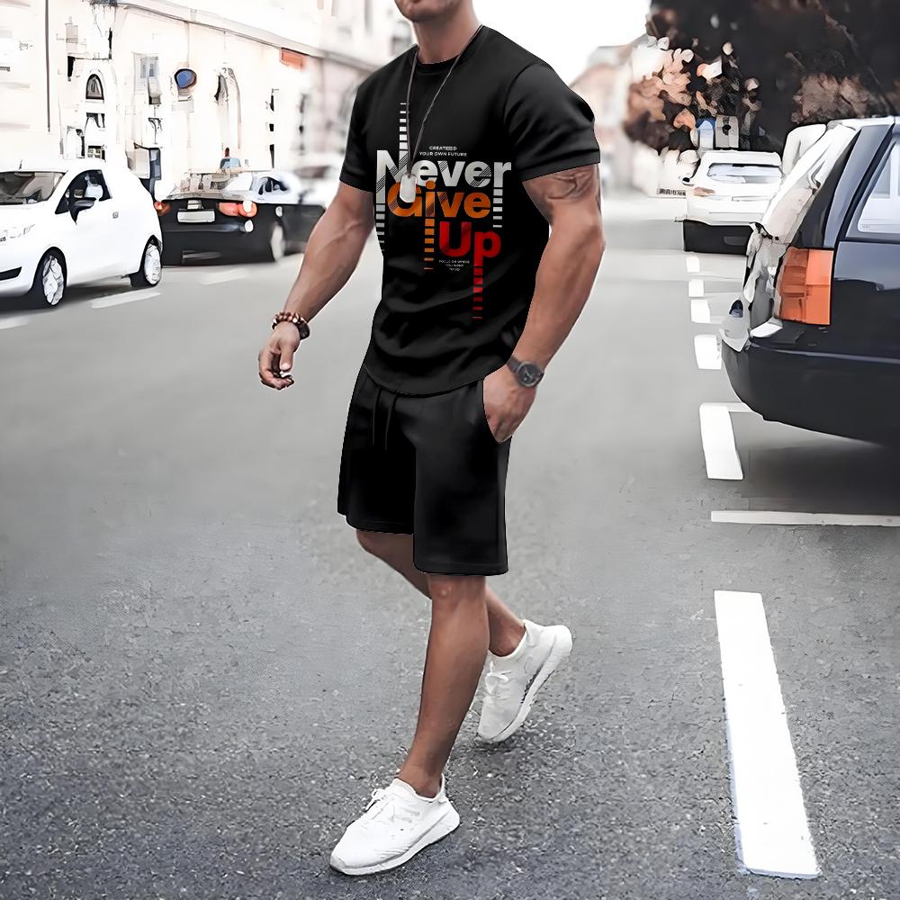 Summer Men's Short Sleeve Tee Shorts Set Casual Men's Sports T-shirt Shorts 2-piece Set Quick Dry Breathable Drawstring T Shirts