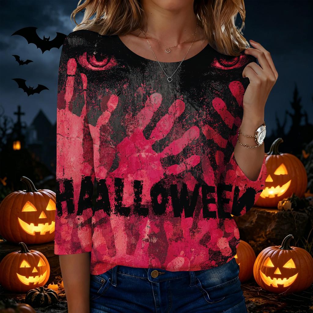 Women's Casual Crew Neck Three Quarter Sleeve Halloween Graphic T-Shirt Top Lightweight Comfortable Fit for Everyday Wear