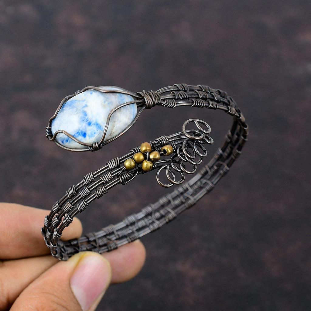 Blue Scheelite Bangle Copper Wire Wrapped Cuff Bracelet Gemstone Bangle Copper Wire Wrapped Jewelry Handmade Adjustable Bangle Gift For Wife