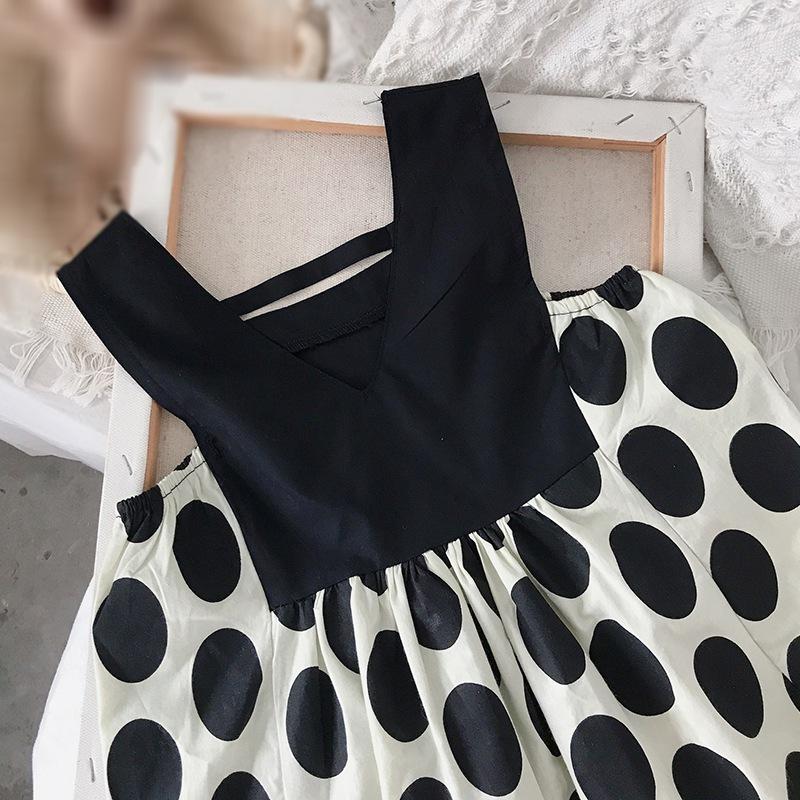 Vestido de verão para meninas com estampa de bolinhas e cintura puff vestido sem mangas para meninas