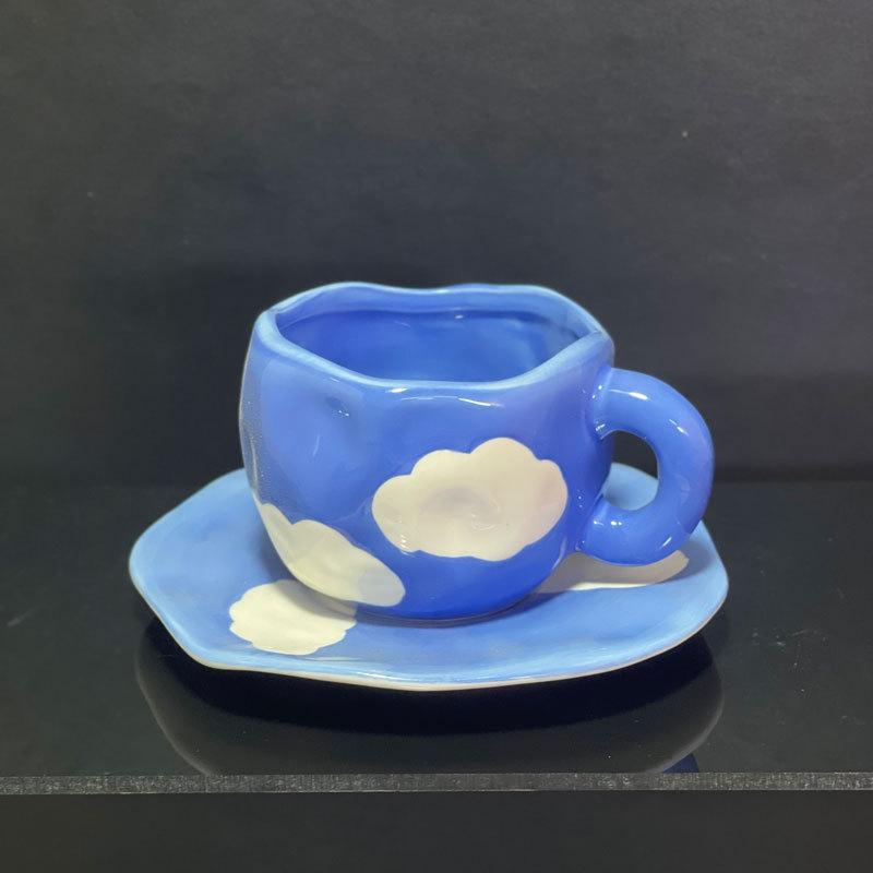 Japanese-Style Small Fresh Underglaze Hand-Painted Cloud Coffee Cup And Saucer High-Value Hand-Pinched Irregular Ceramic Cup And Saucer Set
