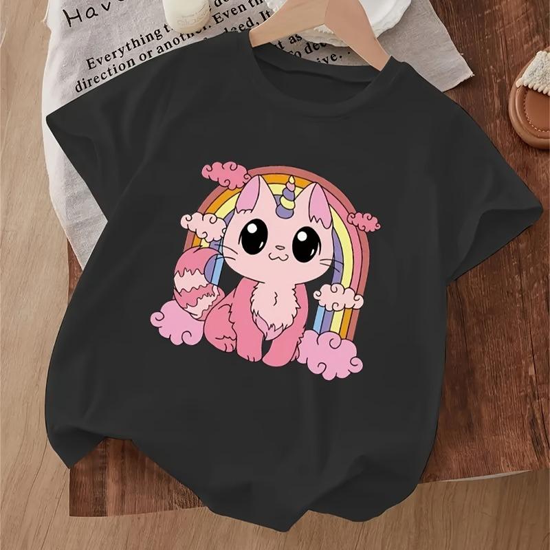 Girls Crewneck Short Sleeve Tee, Cat & Rainbow Print Trendy Soft Casual Top