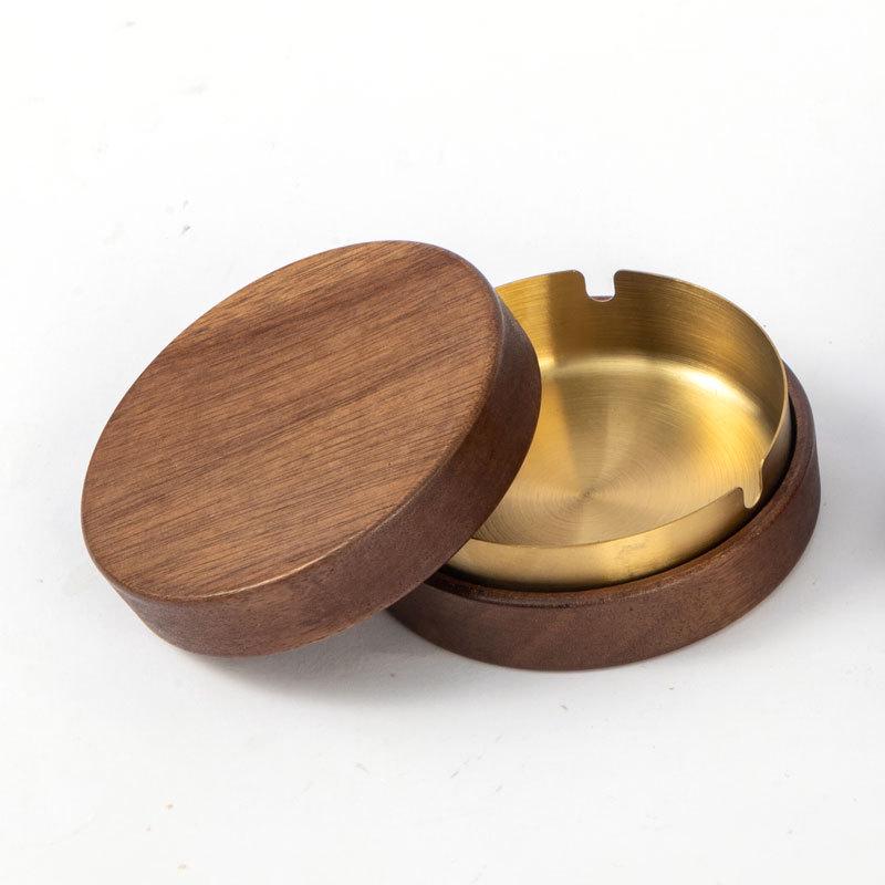 Gold-Stainless Steel Ashtray with Lid, Solid Wood Base – Anti-Ash Design for Home and Office, Ideal Gift.