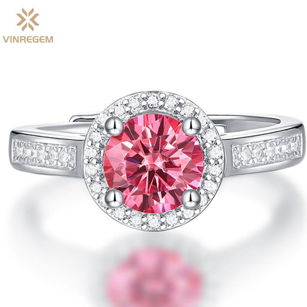 

Vinregem 100% стерлинговое серебро 925 пробы VVS1 1 CT настоящий муассанит драгоценный камень свадебное обручальное кольцо ювелирные изделия 1 CT розовый