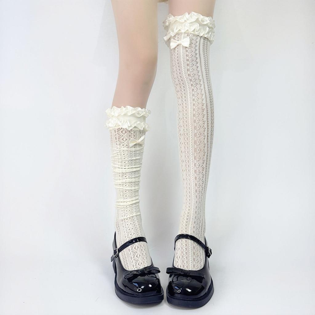 Retro Lolita Lace Bow Over-the-Knee Socks Hollow Lace Mary Jane Sweet Mid-Calf Socks Summer Thin Short Socks