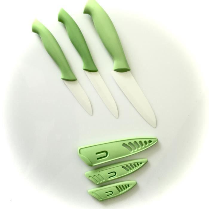 Set of 3 Knives - Ceramic - Green - Ergonomic - with Protective Case - CE Food Grade