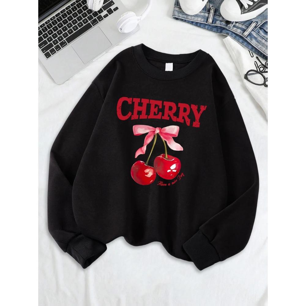 Cherry Pink Bow Have A Nice Day Prints Sweatshirts Women Warm Comfortable Hoodie O-Neck Tops Winter Casual Clothes