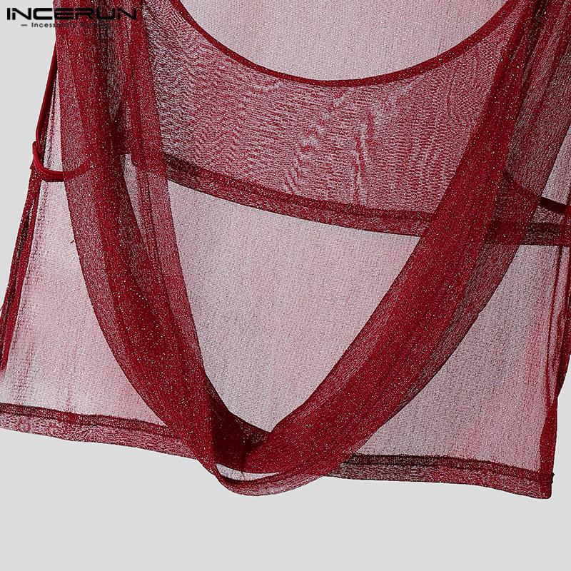 INCERUN Men Sleeveless Glitter Mesh See Through Cropped Hooded Tank Tops Partywear