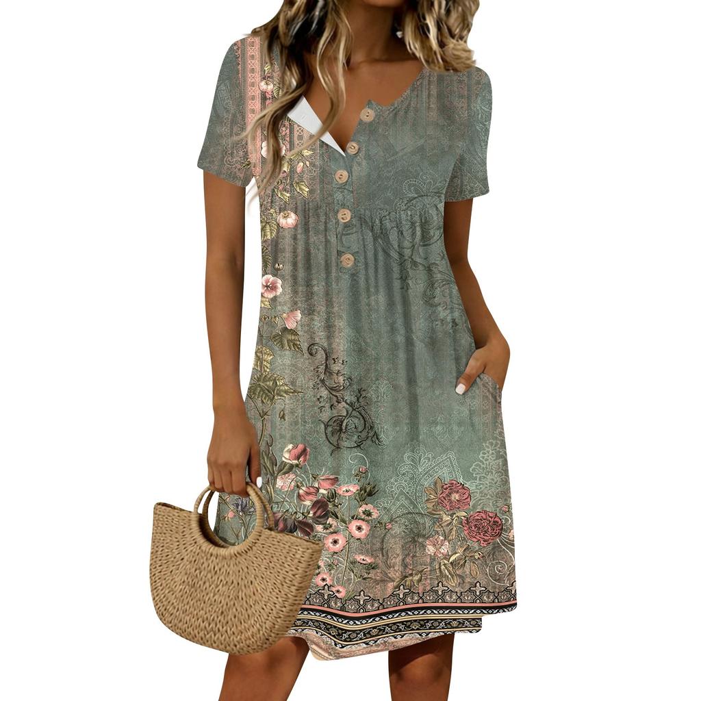 Damen Mode Retro Print Rundhals Kurzarm Knopfleiste Lässiges Kleid