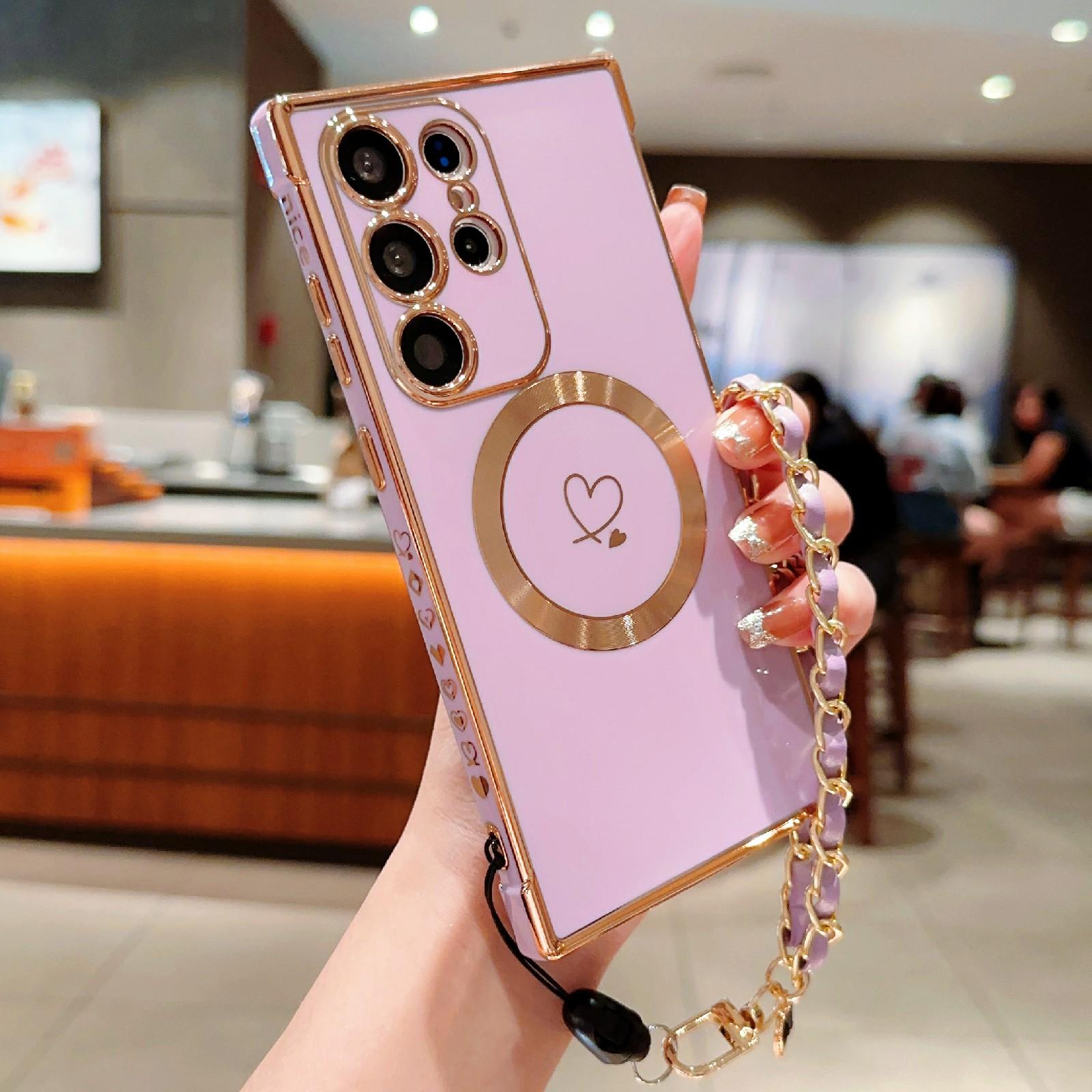 

For Samsung Galaxy S24 Ultra Case Compatible with MagSafe Electroplated Love Hearts TPU Phone Cover with Chain Strap Purple