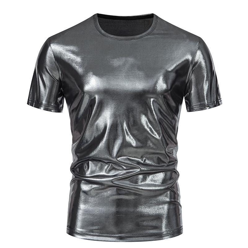 Herren Glänzendes Metallic T-Shirt Sommer Lässig O-Ausschnitt Kurzarm Top T-Shirts Neue Mode Gold Bühnenkostüm Disco Party Nachtclub T-Shirt