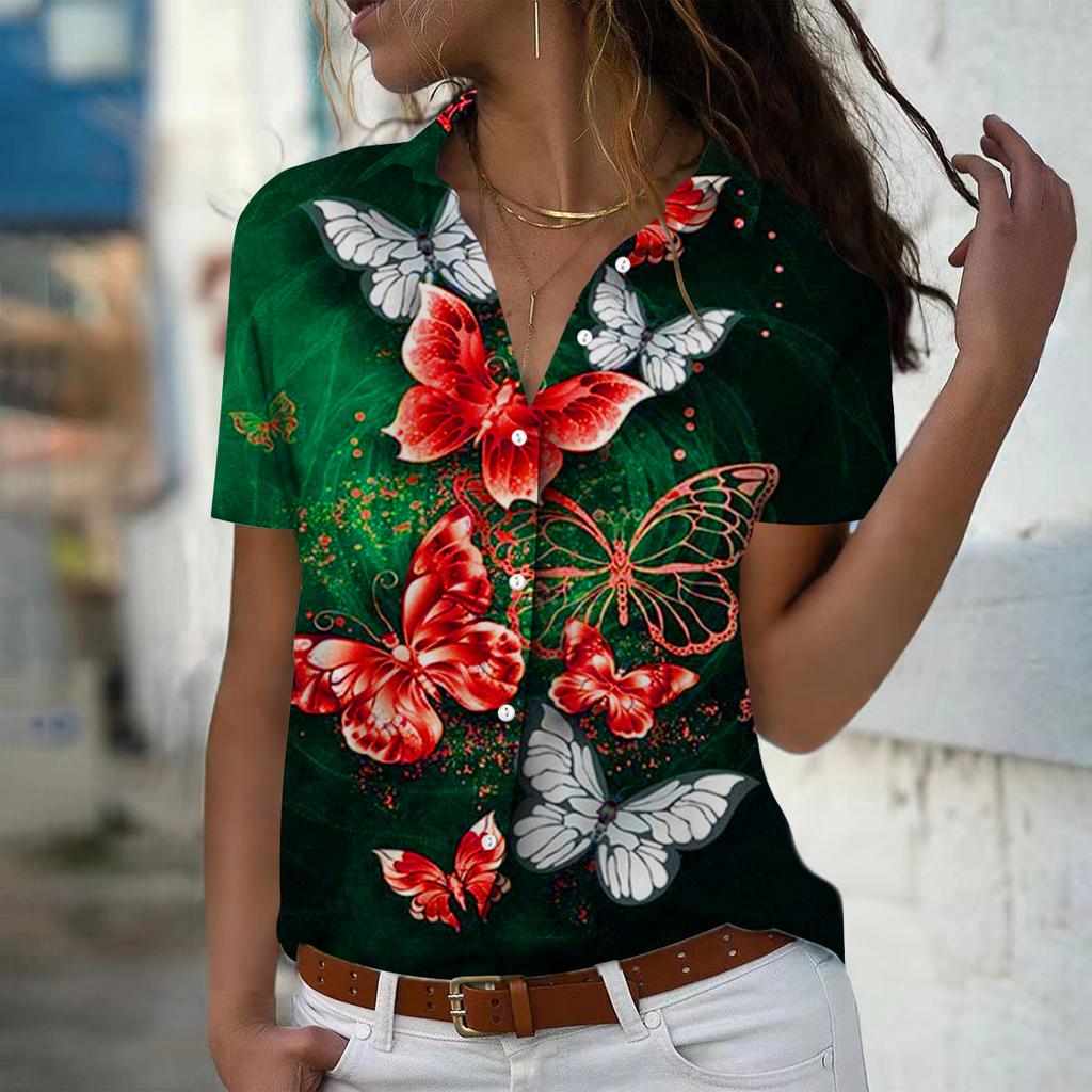 2025 Sommer Neue Mode Damen Schmetterling Bedruckt Kurzarm V-Ausschnitt Lässig Knopfleiste Hemd Top