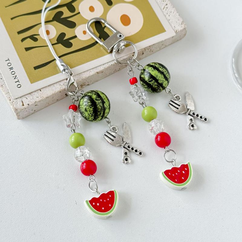 Cute Fruit Keychain Creative Summer Watermelon Pendant Key Chain Beaded Mobile Phone Anti-Lost Lanyard Bag Decorative Keyring