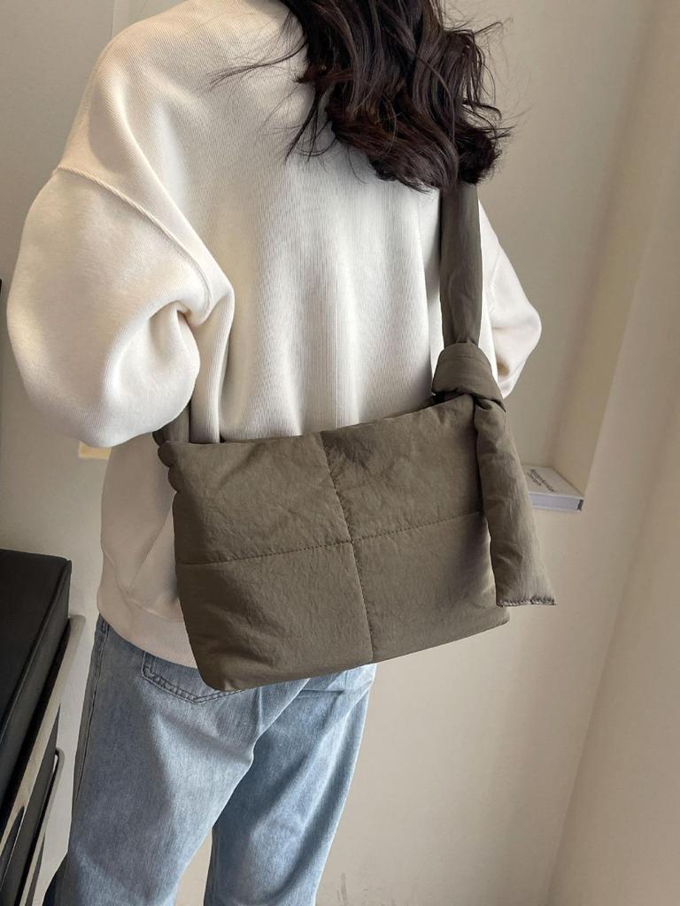 Korean Style Women's Cotton-Padded Crossbody Messenger Bag - Solid Color, Large Capacity