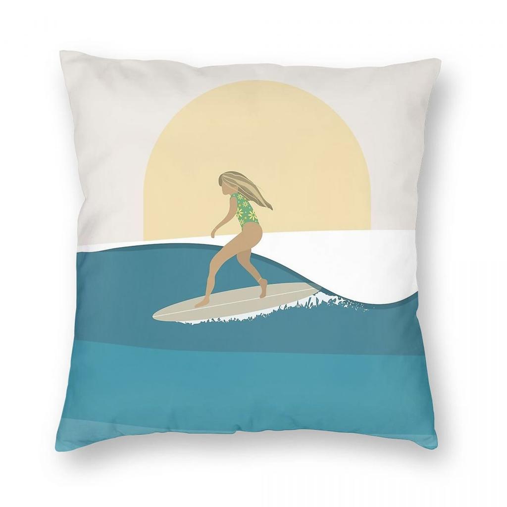 Golden Sunset Surfer Girl Square Pillowcase Polyester Linen Velvet Creative Zip Decor Pillow Case Home Cushion Cover
