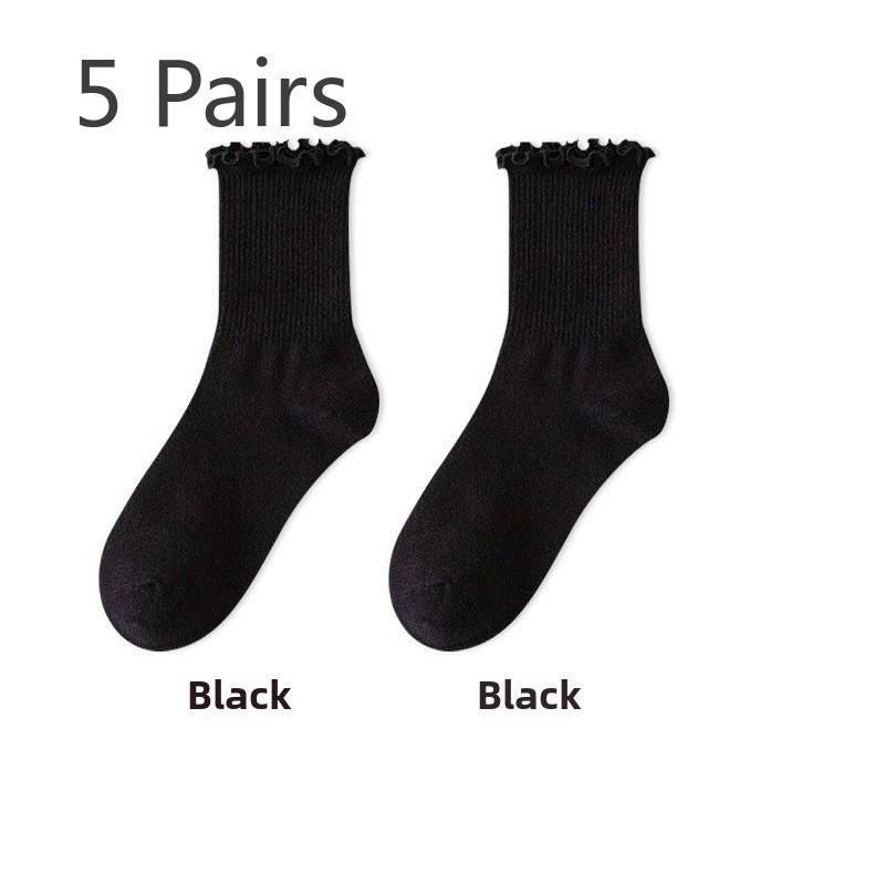 5 Pairs Wooden Ear Lace Jk Socks Women's Midtube Spring and Summer Pile Socks