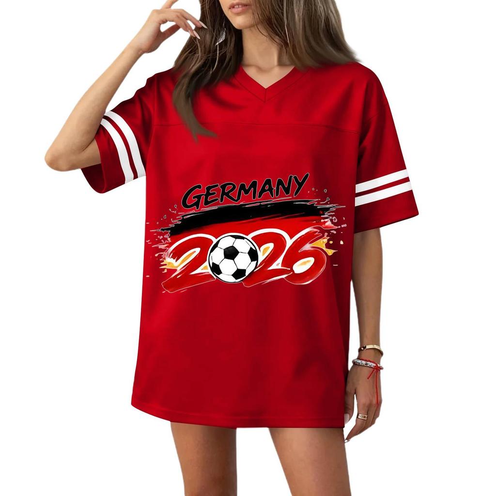Women’s Casual V Neck Football Jersey Style Short Sleeve Top with Germany 2026 Soccer Flag Print Loose Fit Sports T Shirt