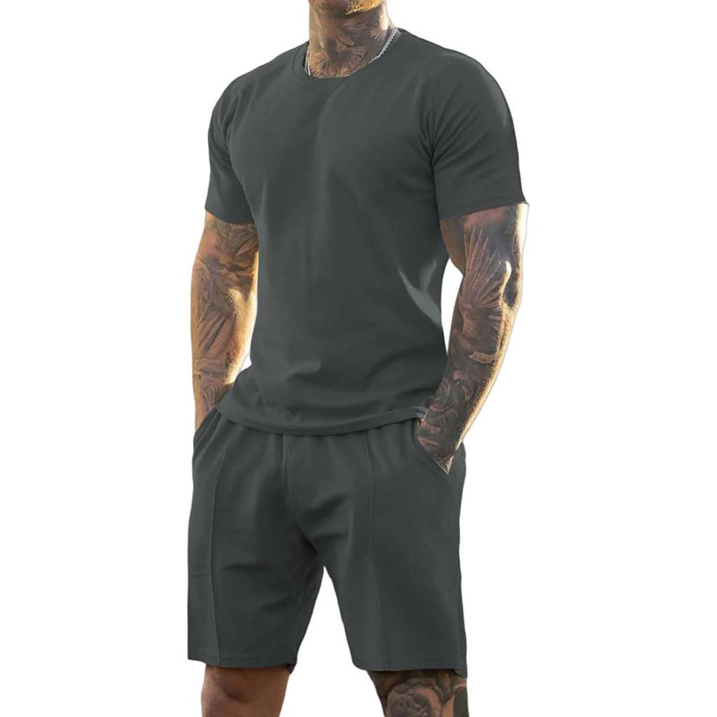 Men's Solid Color Shoulder Short Sleeved Shorts Breathable Men's Casual 2-piece Set