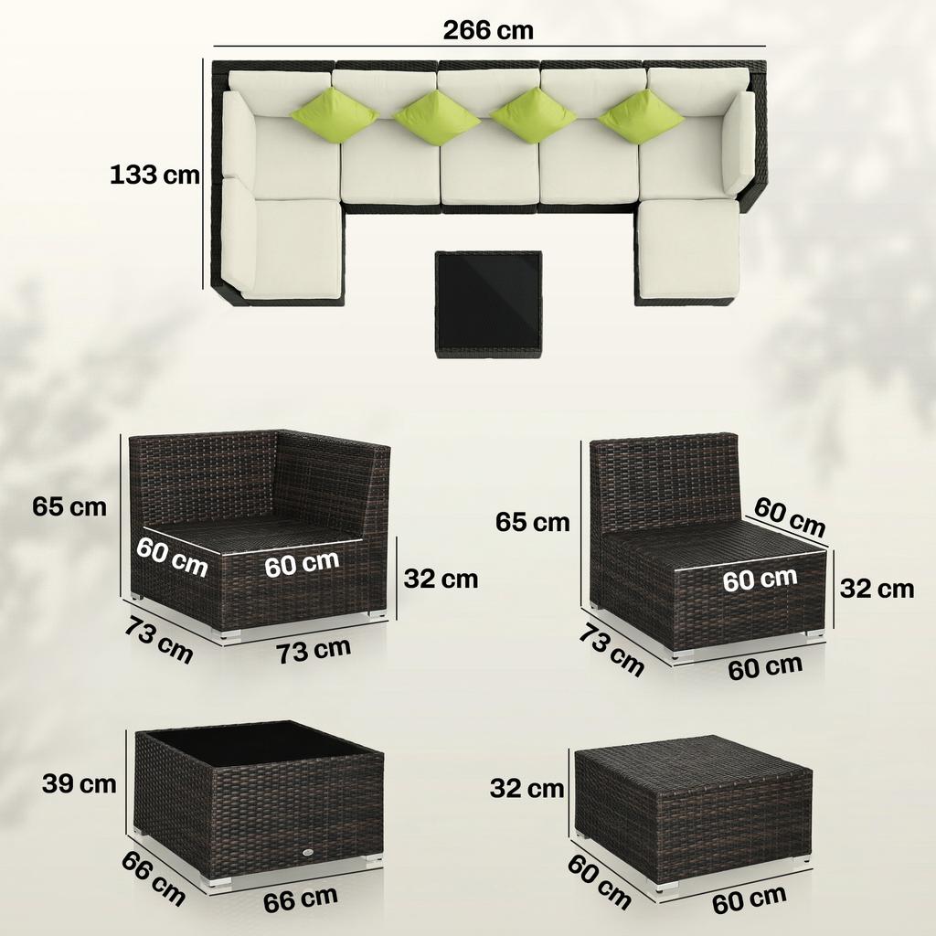 7-Seater PE Rattan Corner Sofa Set, Garden Furniture Set, Patio Wicker Sofa Seater w/ Cushion, Washable Cushion Cover & Tempered Glass Table, Brown
