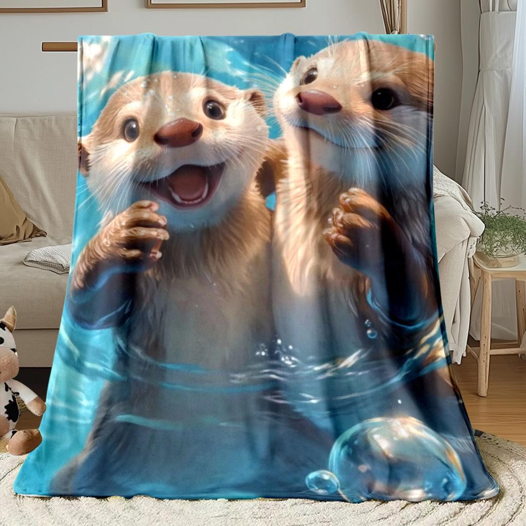 1pc Two Otters In Water Blanket - Lightweight Flannel Soft Warm All-Season Throw, Charming Digital Print for Sofa Bed Travel Camping Living