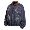 Mens Vintage American Style Denim Jacket Fun Graffiti Print Loose Fit Casual Outerwear