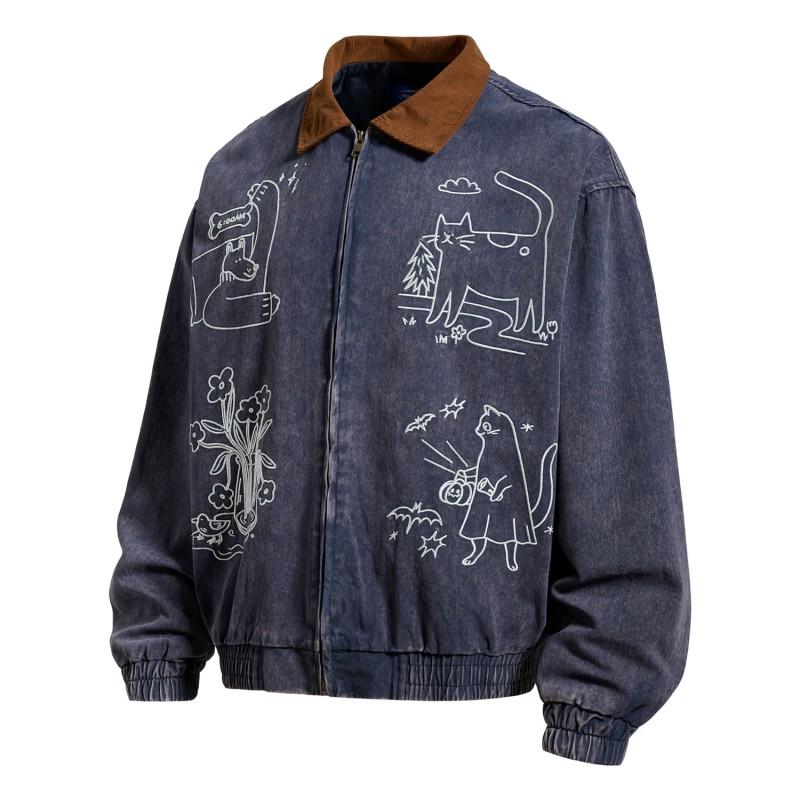 Mens Vintage American Style Denim Jacket Fun Graffiti Print Loose Fit Casual Outerwear