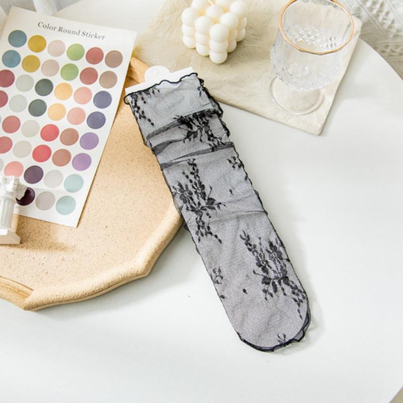See Through Transparent Women Socks Colorful Star Summer Ultra-thin Nylon Loose Long Socks Women Sweet Girls Mesh Lace Socks Sox