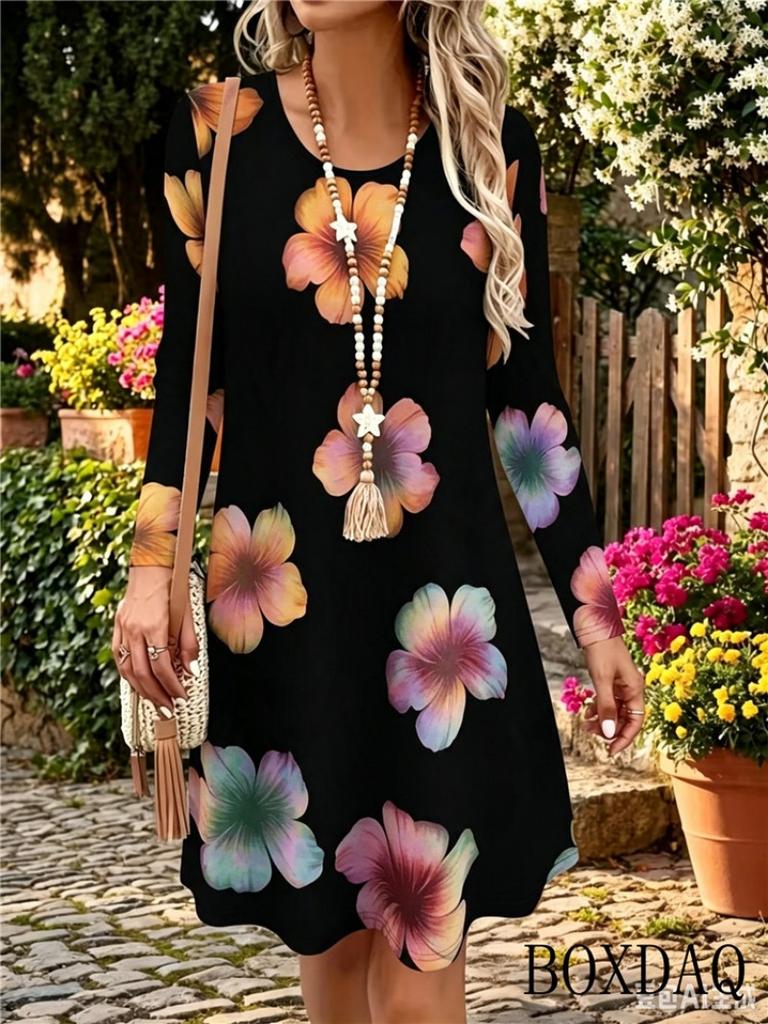 Autumn Winter Women's Dresses Casual Round Neck Long Sleeved Floral Print Loose Dress