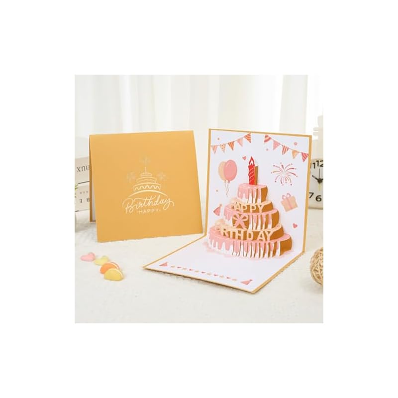 3D Birthday Cake Card, Colored Birthday Cake, Premium Paper Engraving, Foldable, Envelope Packaging, Suitable Gift for Family, Friends, Classmates,