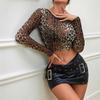 1Pc Womens Mesh Long Sleeve Tops Crew Neck Sexy Going Out See Through Shirts Party Club Night Lace Blouse Clubwear NO BRA