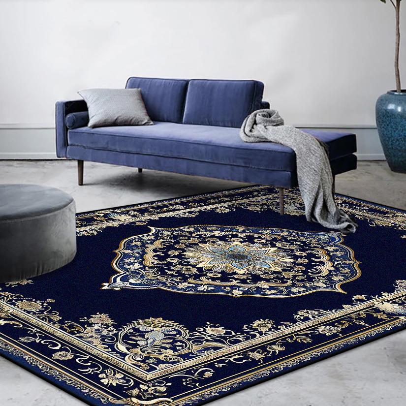 Modern Luxury Decoration Home Blue Carpet Golden Border Non-slip Living Room Rugs Soft Washable Sofa Table Mat Bedroom Decor