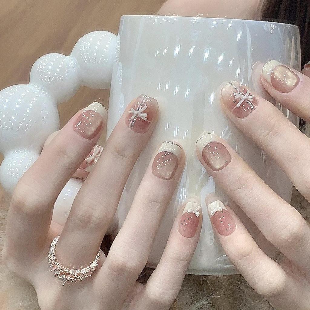 Blush French Cat Eye Princess Bow Nails - Handmade Wearable Nail Art