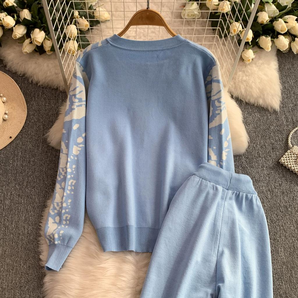 Autumn Winter Women Vintage Print Knitted Sweater Trouser Two Piece Set Full Sleeve Cardigan Tops and Drawstring Wide Leg Pant Suit