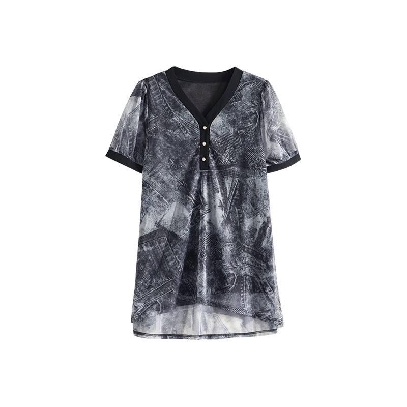 Plus-Size V-Neck Ink Print Summer Shirt – Fat Girls' Loose Fit, Belly Cover, Medium-Length – Women's Top, 200 Jin